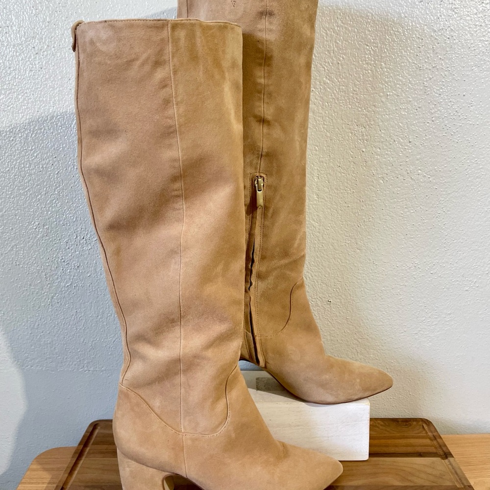 Sam Eldelman Suede Knee High Boots Camel Block Heel Urban Neutral Minimal